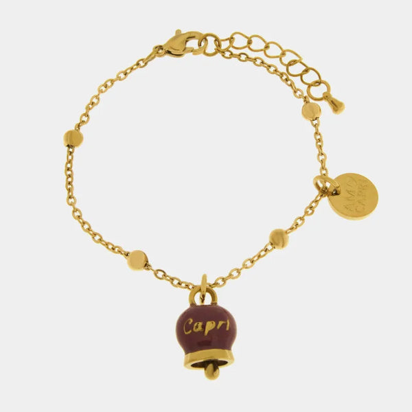 Bracciale in Acciaio con Campanella Portafortuna Notte in Piazzetta Capri - Colore Amaranth — collezione anima azzurra