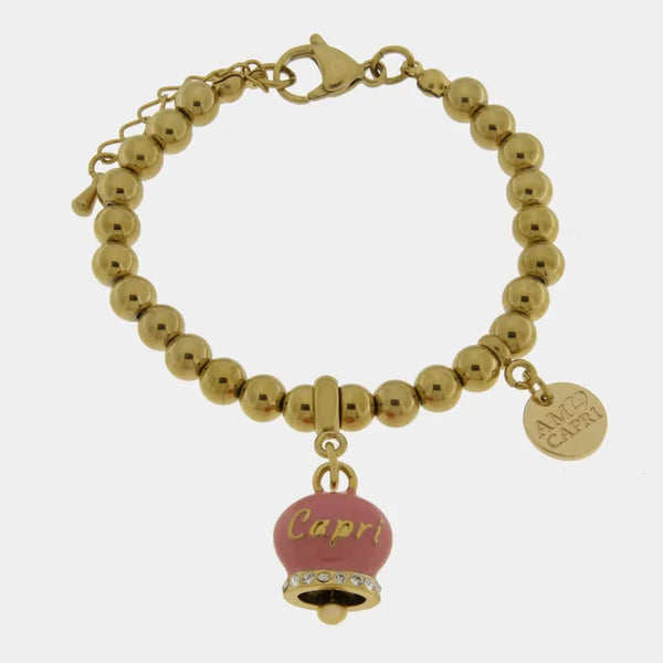 Bracciale in Acciaio con campanella  rosa   con scritta Capri — collezione anima azzurra