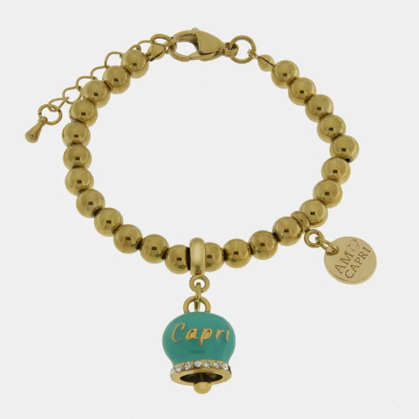 Bracciale in Acciaio  con campanella  verde  con scritta Capri — collezione anima azzurra