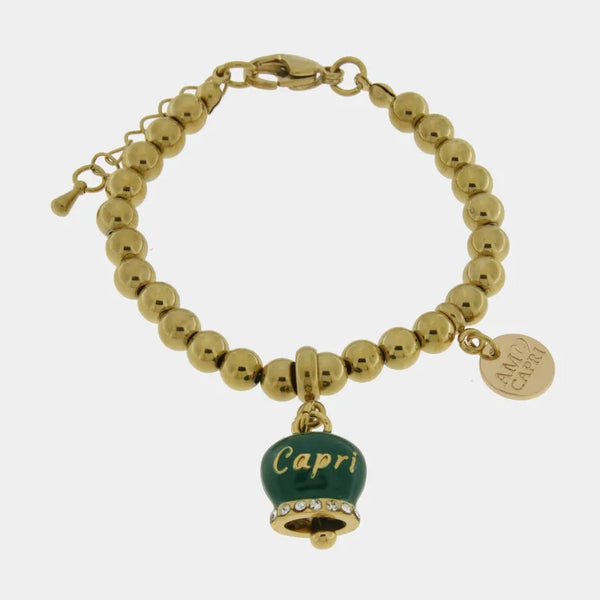 Bracciale in Acciaio  con campanella verde   con scritta Capri — collezione anima azzurra
