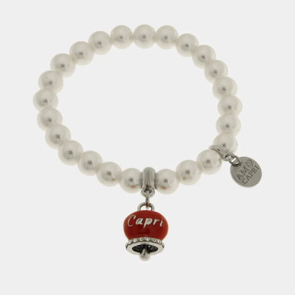 Bracciale in Acciaio con perle e campanella rossa con scritta Capri — collezione anima azzurra
