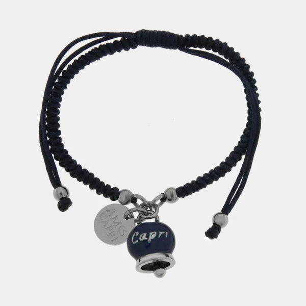 Bracciale in Acciaio Cordino Blu e Campanella Portafortuna blu Mare di Capri — collezione anima azzurra