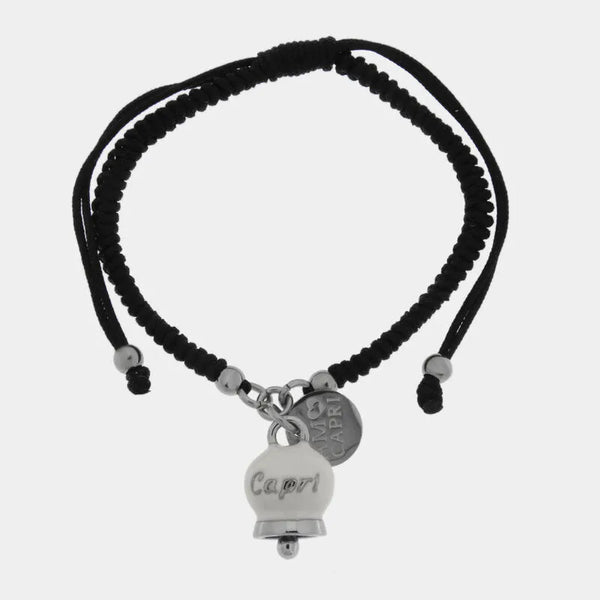Bracciale in Acciaio Cordino nero e Campanella Portafortuna Capri - Colore Bianca — collezione anima azzurra