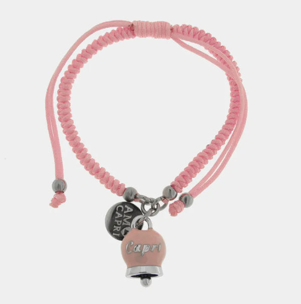 Bracciale Acciaio Cordino Rosa e Campanella Portafortuna Capri — collezione anima azzurra