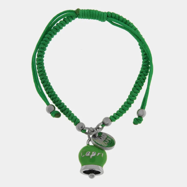 Bracciale in Acciaio Cordino Verde e Campanella Portafortuna verde Capri — collezione anima azzurra