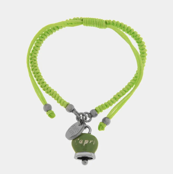Bracciale in Acciaio Cordino verde e Campanella Portafortuna Capri - Colore Verde Menta — collezione anima azzurra
