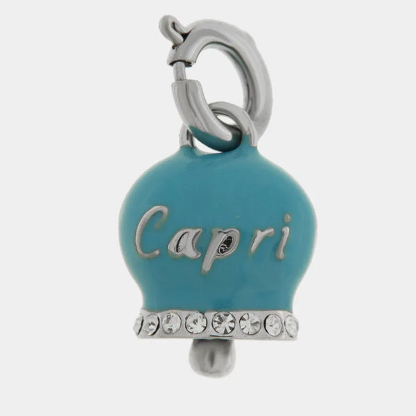 Ciondolo in Acciaio campanella azzurra con scritta Capri e zirconi — collezione anima azzurra