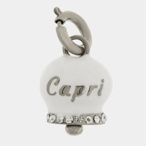 Ciondolo in Acciaio campanella bianca con scritta Capri e zirconi — collezione anima azzurra