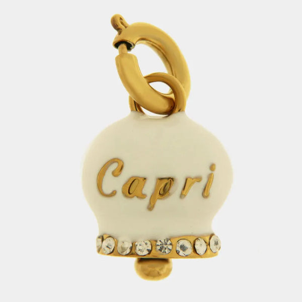 Ciondolo in Acciaio campanella bianca e oro con scritta capri e zirconi — collezione anima azzurra
