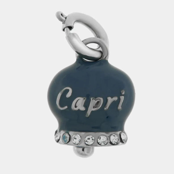 Ciondolo in Acciaio campanella blu cobalco con scritta Capri e zirconi — collezione anima azzurra