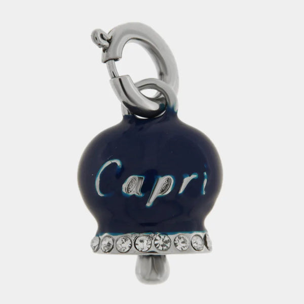 Ciondolo in Acciaio campanella blu con scritta Capri e zirconi — collezione anima azzurra
