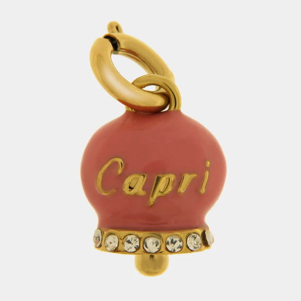 Ciondolo in Acciaio campanella rosa con scritta Capri e zirconi — collezione anima azzurra