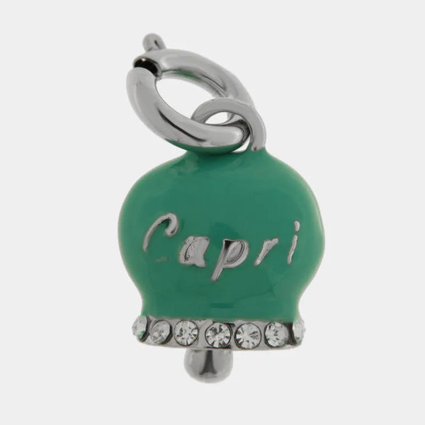 Ciondolo in Acciaio campanella verde acqua con scritta Capri e zirconi — collezione anima azzurra