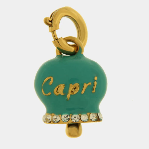 Ciondolo in Acciaio campanella verde acqua e oro scritta Capri  e zirconi — collezione anima azzurra