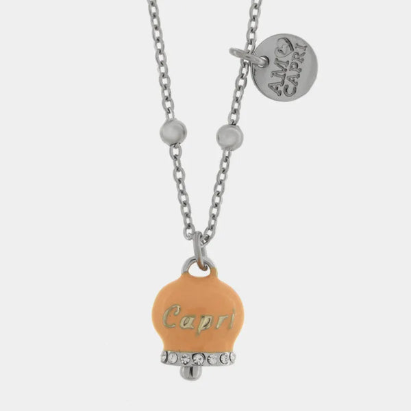 Collana in Acciaio campanella rosa antico con scritta Capri e zirconi — collezione anima azzurra
