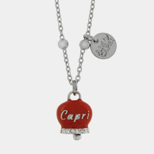 Collana in Acciaio campanella rossa con scritta Capri e zirconi — collezione anima azzurra