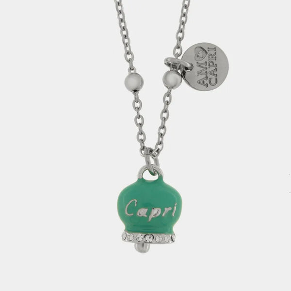 Collana in Acciaio campanella verde acqua con scritta Capri e zirconi — collezione anima azzurra