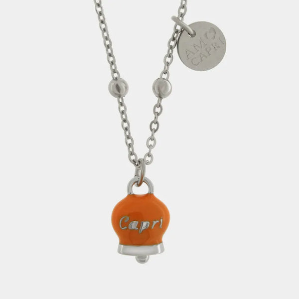 Collana in Acciaio con Campanella Portafortuna Capri Estate Mediterranea  - Colore Ammanst Orange — collezione anima azzurra
