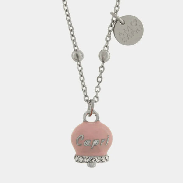 Collana in Acciaio con Campanella Portafortuna Dolce Capri - Colore Tickled Pink — collezione anima azzurra