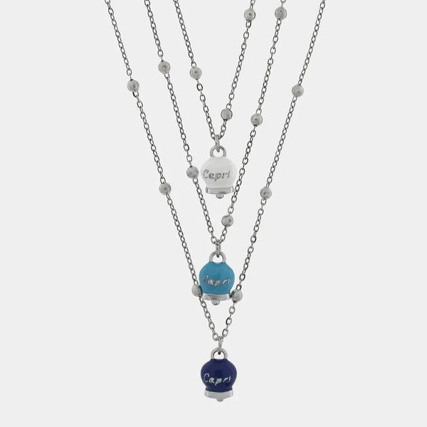 Collana in Acciaio Multifilo con Tris di Campanelle Portafortuna Capri tonalità blu, azzurra, bianca — collezione anima azzurra