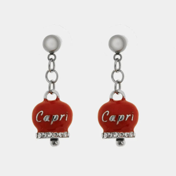 Orecchini in Acciaio con campanella rossa e scritta Capri — collezione anima azzurra