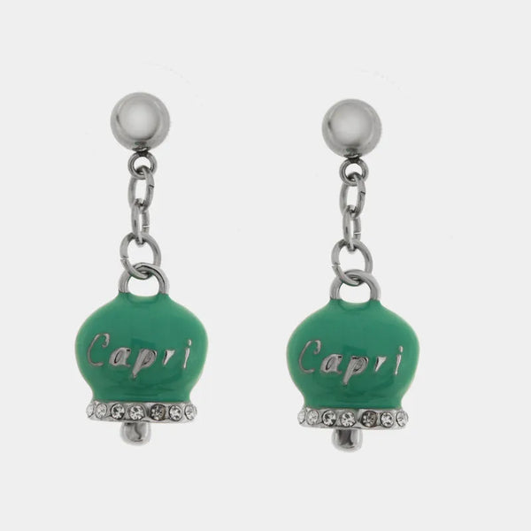 Orecchini in Acciaio con campnaella verde e scritta Capri — collezione anima azzurra