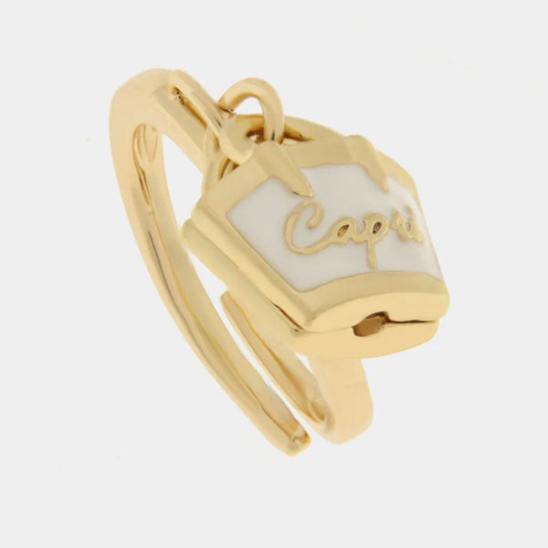 Anello in Metallo con borsa bianca scritta capri — collezione arco naturale