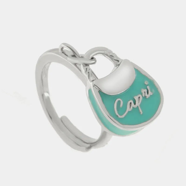 Anello in Metallo con borsa verde acqua scritta capri — collezione arco naturale