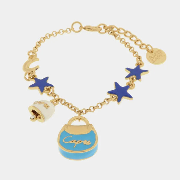 Bracciale in Metallo con borsa azzurra Capri, piccola campanella bianca e stelle — collezione arco naturale