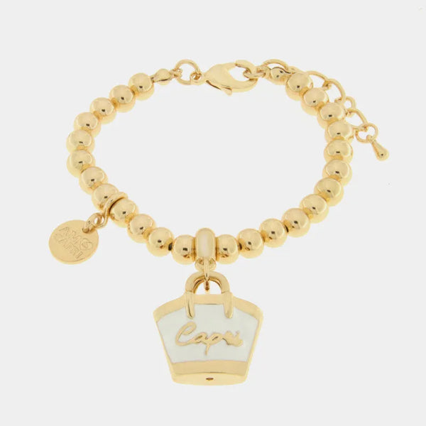 Bracciale in Metallo con borsa bianca scritta capri — collezione arco naturale