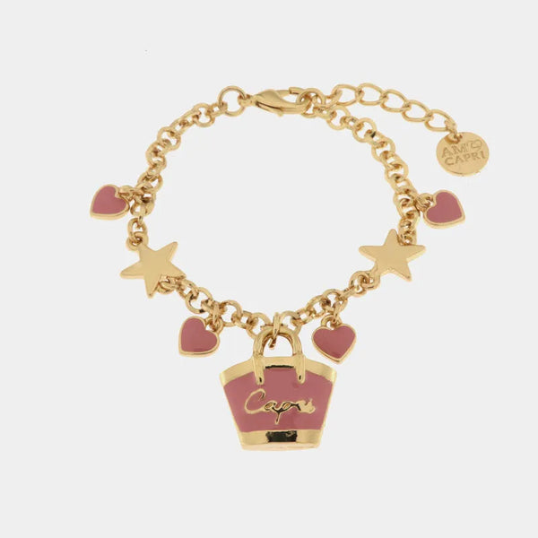 Bracciale in Metallo con borsa rosa Capri e cuori — collezione arco naturale