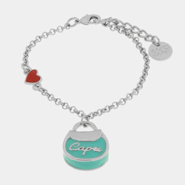 Bracciale in Metallo con borsa verde acqua scritta capri e cuore — collezione arco naturale