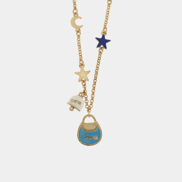 Collana in Metallo con borsa azzurra Capri, piccola campanella bianca e stelle — collezione arco naturale