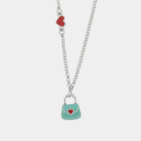 Collana in Metallo con borsa azzurra e cuori rossi — collezione arco naturale
