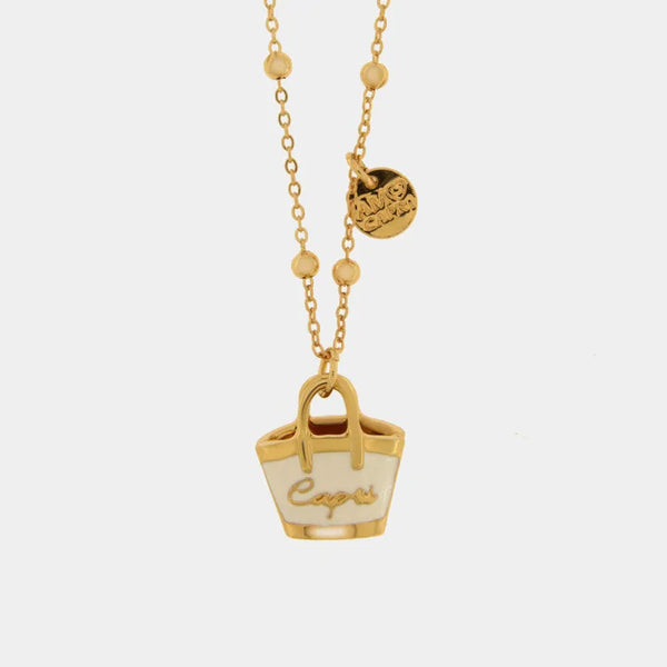 Collana in Metallo con borsa bianca scritta capri pendente — collezione arco naturale