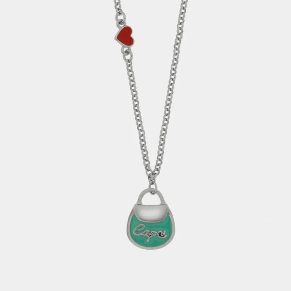 Collana in Metallo con borsa verde acqua scritta capri e cuore — collezione arco naturale