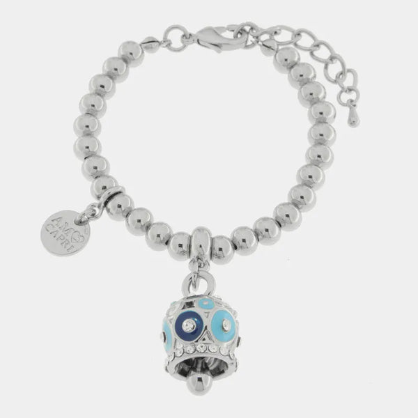 Bracciale in Metallo con campanella a pois blu e azzurro e zirconi — collezione AUGUSTO