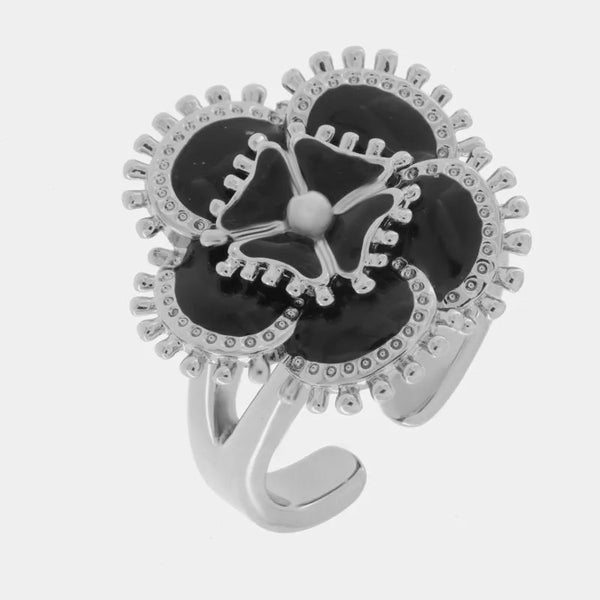 Anello in Metallo con fiore nero — collezione aurora caprese