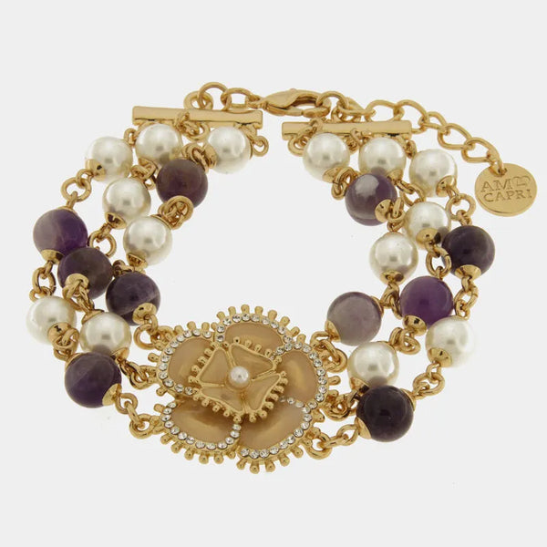 Bracciale in Metallo multifilo con fiore e perle placcato oro — collezione aurora caprese