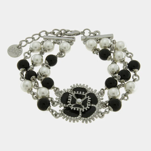 Bracciale in Metallo multifilo con fiore nero e perle bianche — collezione aurora caprese
