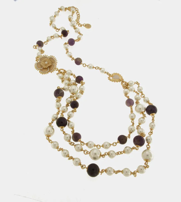 Collana in Metallo multifilo con perle e fiore placcato oro — collezione aurora caprese