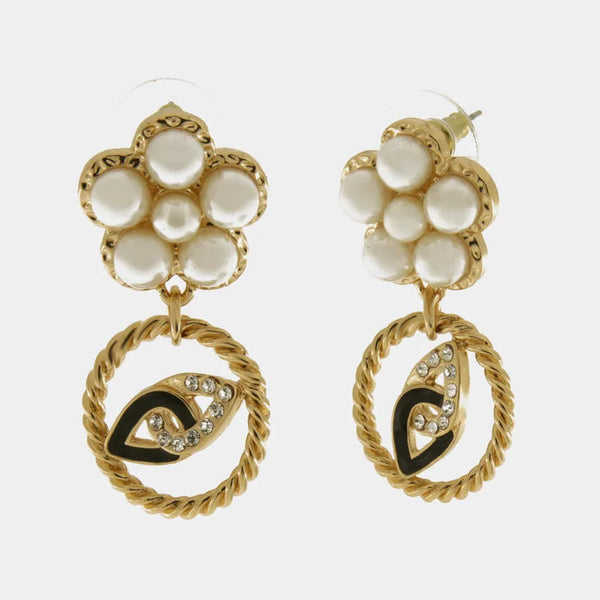 Orecchini in Metallo con fiore a perle e pendente rotondo — collezione aurora caprese