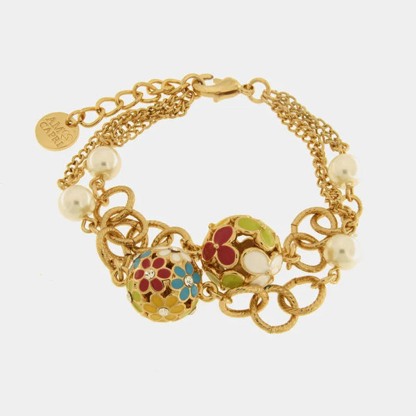 Bracciale in Metallo multifilo con perle e sfere impreziosite da fiori colorati — collezione bellezza