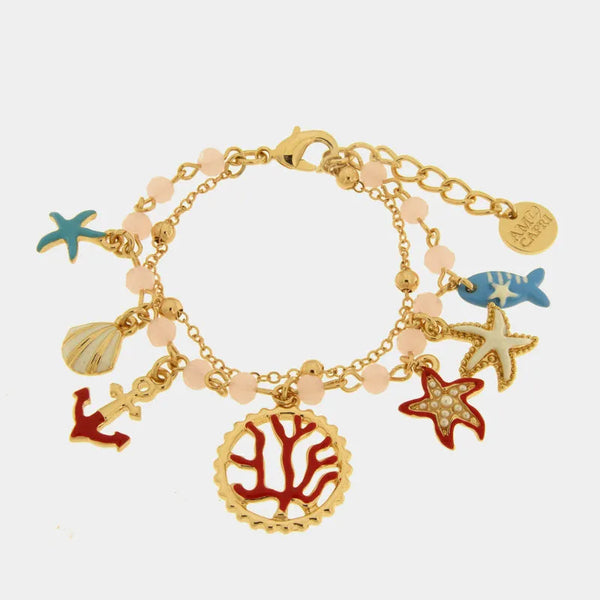 Bracciale in Metallo multifilo con stelle marine, conchiglia, pesciolino, ancora e corallo — collezione bellezza