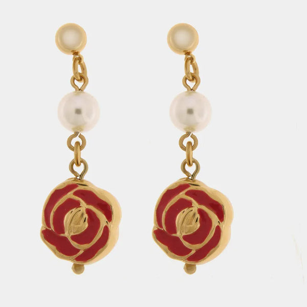 Orecchini in Metallo con perle e rose rosse pendenti — collezione bellezza