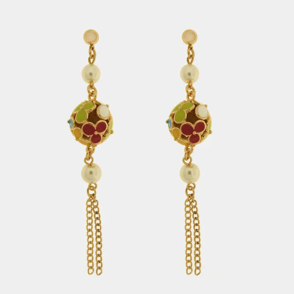 Orecchini in Metallo con sfere impreziosite da fiori colorati e perle — collezione bellezza