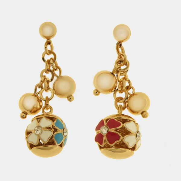 Orecchini in Metallo con sfere pendenti imprezioste da fiori e smalti colorati — collezione bellezza
