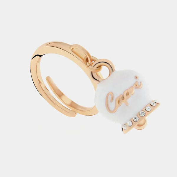Anello Metallo Campanella Portafortuna – Smalto Bianco e Cristalli — collezione belvedere