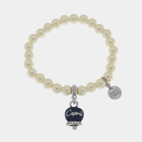 Bracciale in Metallo Bracciale in Metallo con perle e campanella portafortuna in smalto blu con scritta Capri — collezione belvedere