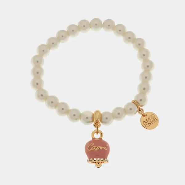Bracciale Metallo con Perle e Campanella Capri – Smalto Rosa — collezione belvedere